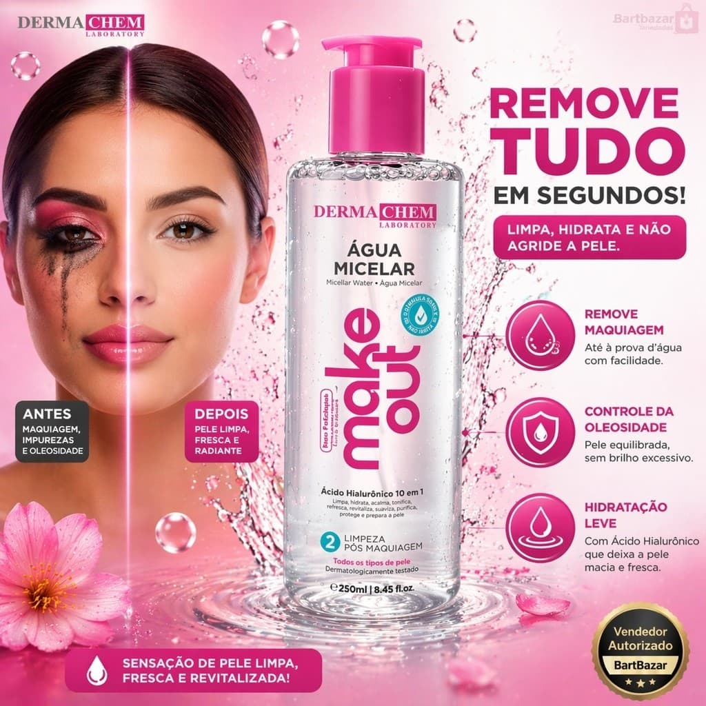Agua Micelar Demaquilante Dermachem 250ml Acido Hialuronico D-Pantenol Limpeza Facial Profunda 10x1