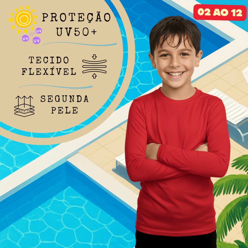 Camisa Térmica Infantil Menino Manga Longa Proteção Solar Segunda Pele de 2 a 12 anos Uv50+