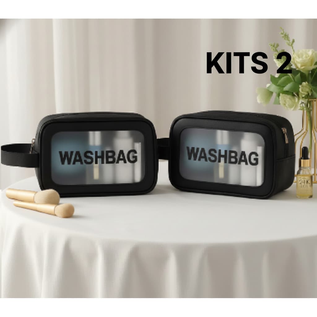 Kit 2 Necessaires Transparentes PVC Impermeáveis – Washbag Organizadora para Maquiagem, Viagem e Higiene