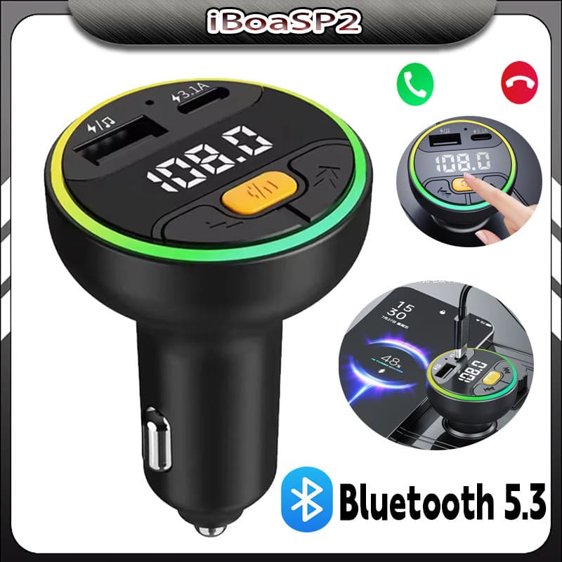 Transmissor Fm Bluetooth 5.3 Carro Usb-c Mp3 Veicular 12V-24V luz Ambiente De 7 Cores