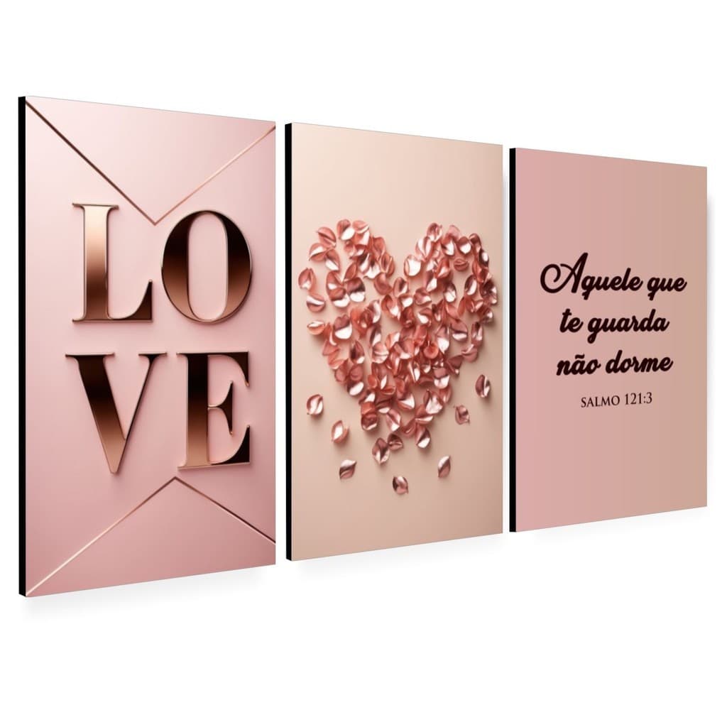 Quadros 3 Peças Love Rosa, Decoração De Amor, Decoração De Quarto, Versículo Bíblico