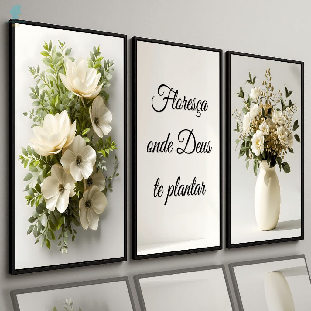 Quadros Decorativos Trio Flores Brancas Off White Com Frases Bíblica Sala Quarto