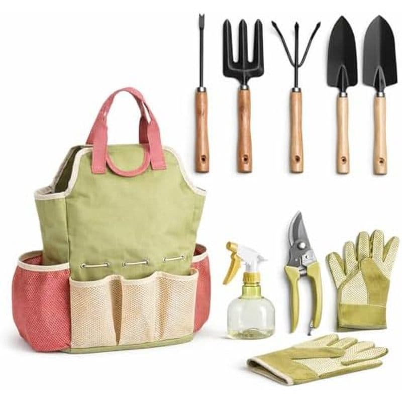 Conjunto De Ferramentas De Jardinagem De 9 Peças Com Sacola , Luvas , Tesouras De Poda E Frasco De Spray , Kit Manuais D
