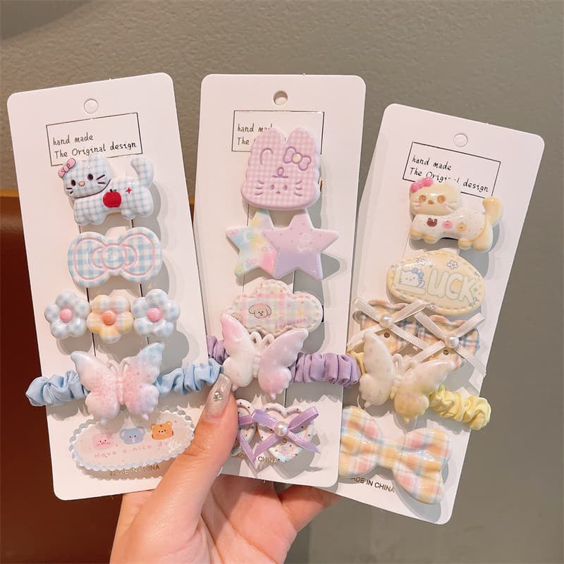 Crianças arco estilo grampo de cabelo Duckbill clipe meninas flores 5 peças conjunto Scrunchy anel rabo de cavalo elásti