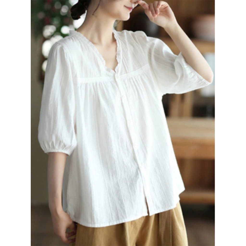 Zimo Qinghe ~ Mori Mulheres Japonesas Rendas Com Decote Em V Camisa Branca Mulheres Manga Lanterna Jacquard Algodão Linh