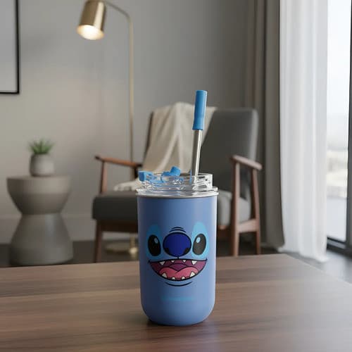 Copo Neo Stitch Com Canudo 300ml Kawaii Cute Presente Azul Azul-aço nao Vaza