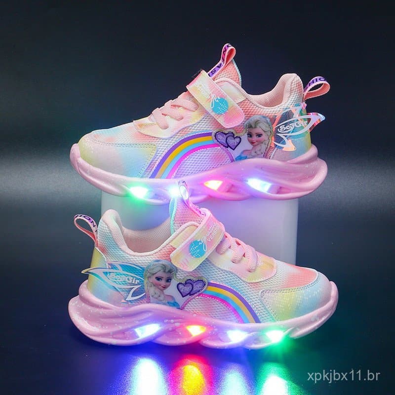 Tênis Infantis Princesa Elsa Sapatos para Meninas com Luz Novo Estilo Malha Respirável SM9U
