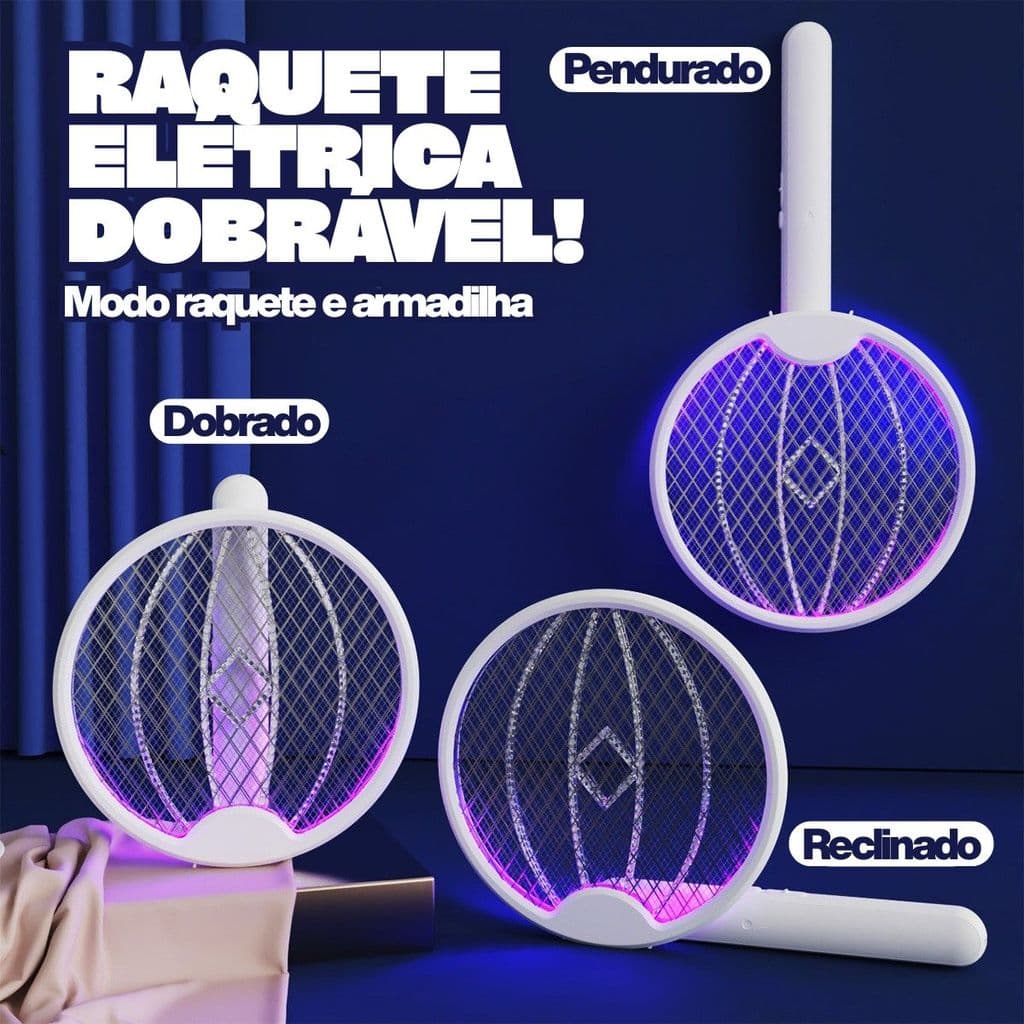 Mata Mosquito Dobrável USB LED Armadilha Inteligente Raquete Elétrica Contra Insetos