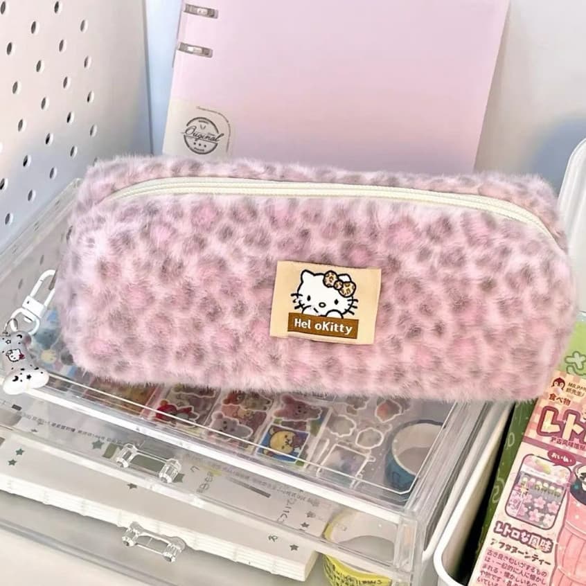 Estojo De Lápis De Grande Capacidade Hello kitty Caixa Com Estampa De Leopardo Papelaria De Gato De Pelúcia Bolsa De Cos