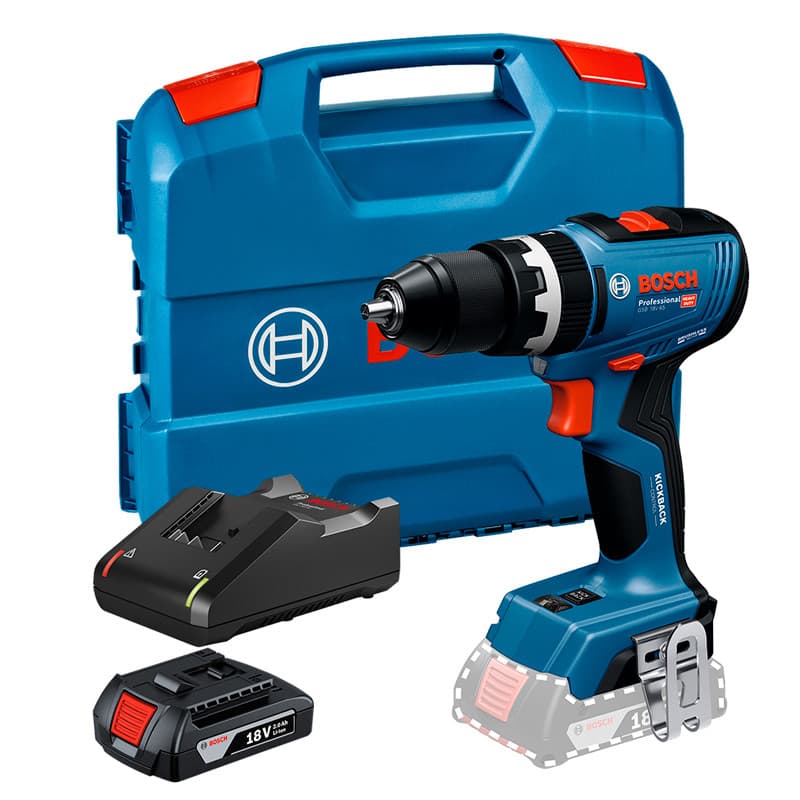 Parafusadeira e Furadeira de Impacto 1/2" Bosch GSB 18V-65 + 1 Bateria GBA 18V 2Ah + Carregador GAL 18V-40 + Maleta