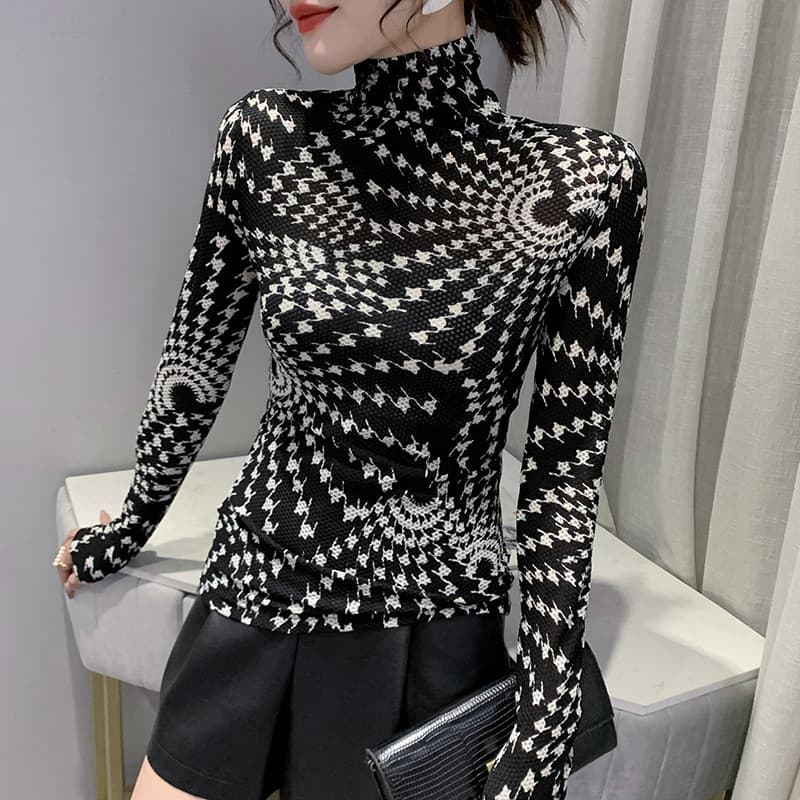 2024 outono novo estilo elegante exclusivo impresso gola alta camisa de fundo feminina de manga comprida magro-ajuste el