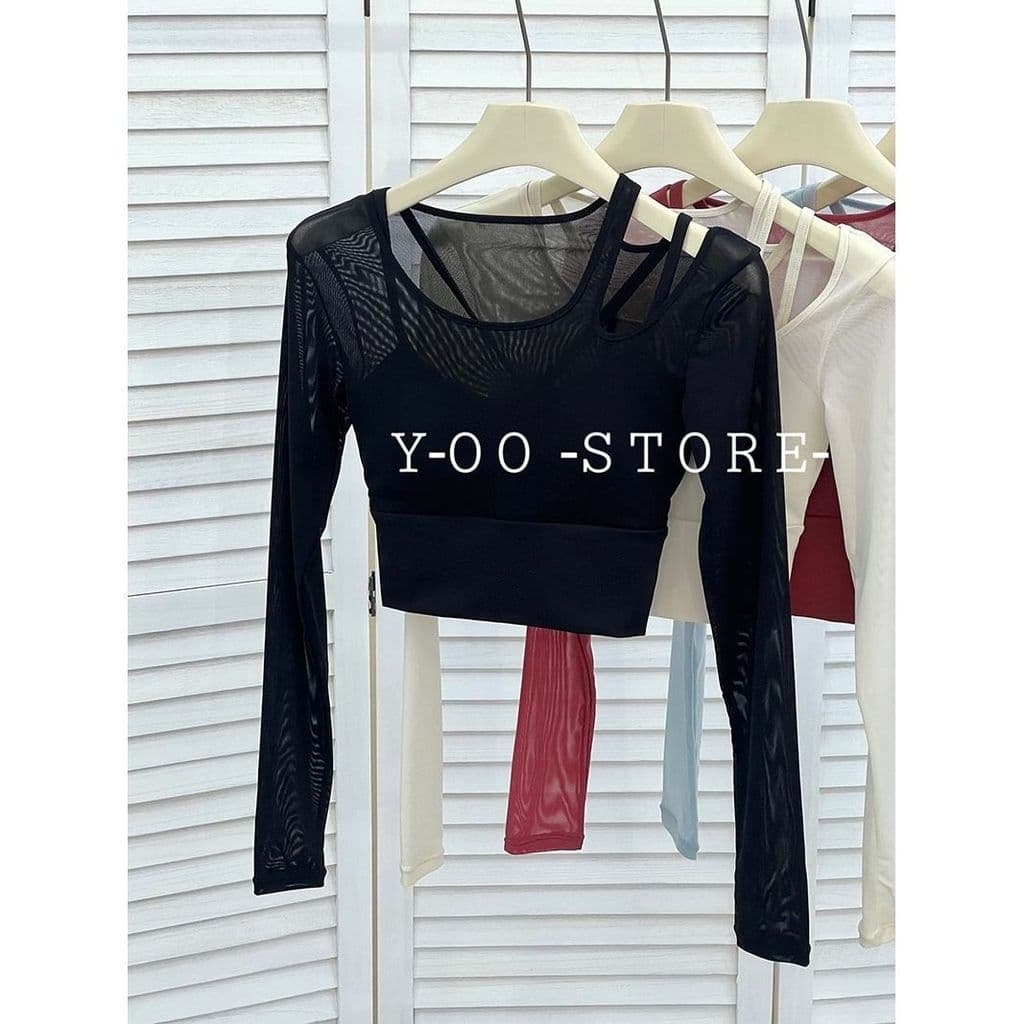 Y Yoga camiseta de manga comprida feminina chique de um ombro oco falso gaze de duas peças Pilates Fitness pode