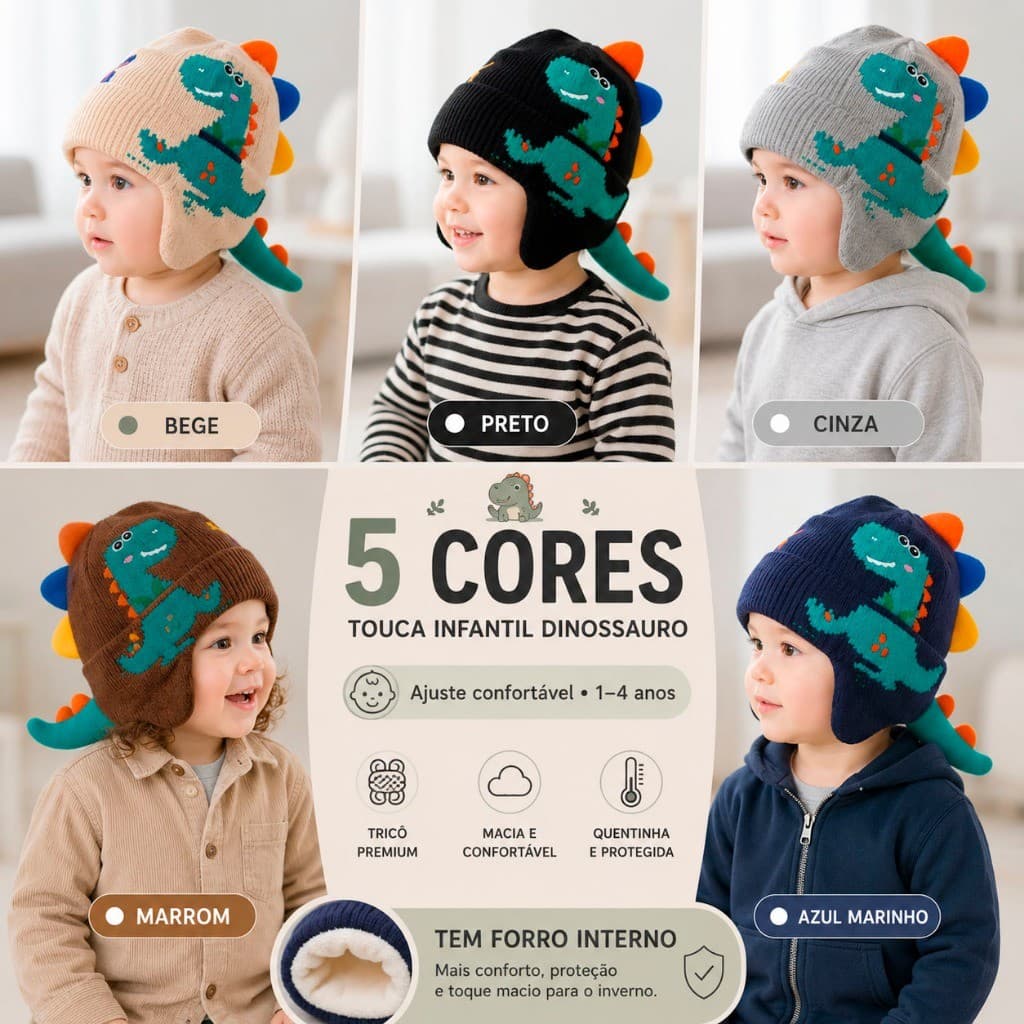 Touca Dinossauro De Inverno Forrada Com Protetor De Orelha Gorro Bebê Unissex Menino Menina