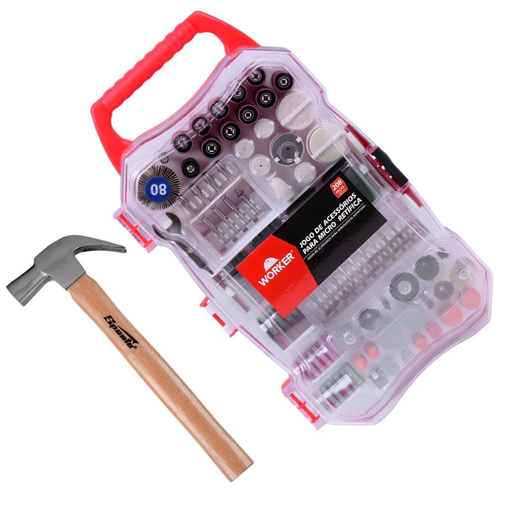 Kit Microrretífica Worker 208 Peças com Martelo Corte Polimento e Manutenção