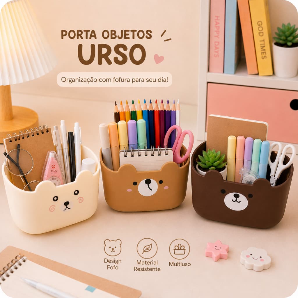 Kit Organizador Porta Objetos Retangular Ursinho Decoração Mesa Maquiagem Canetas Fofo 15cm