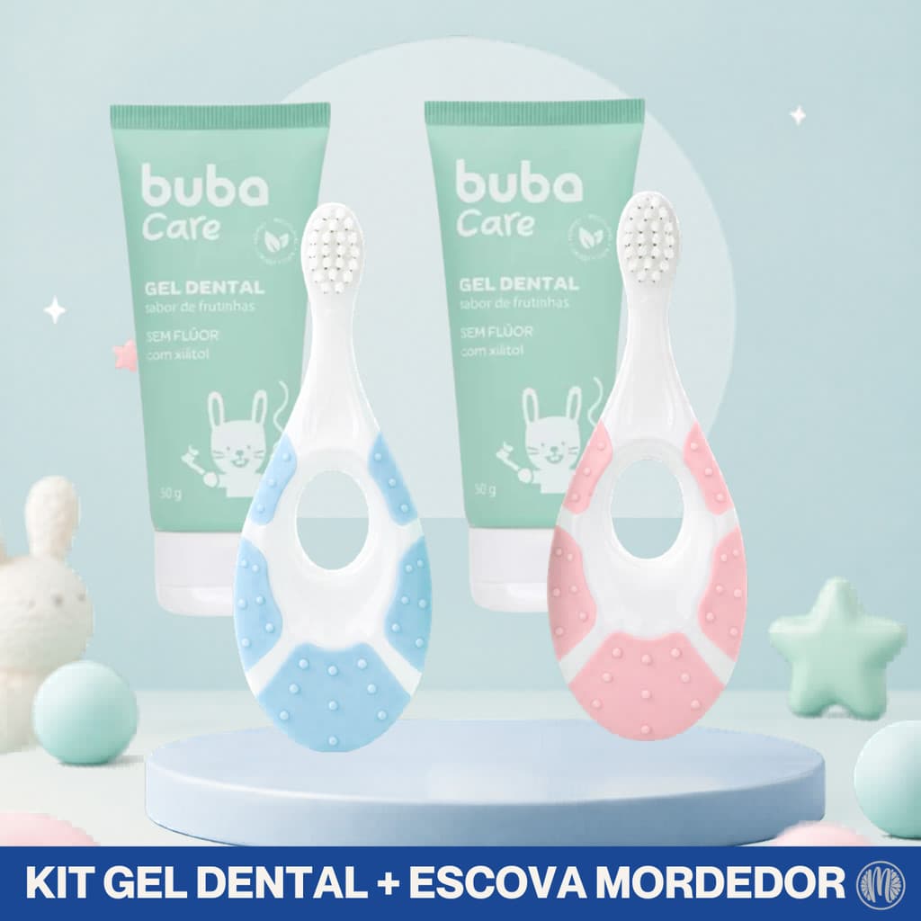 Kit Pasta Gel Dental Care Sem Fluor Infantil + Escova Mordedor Buba