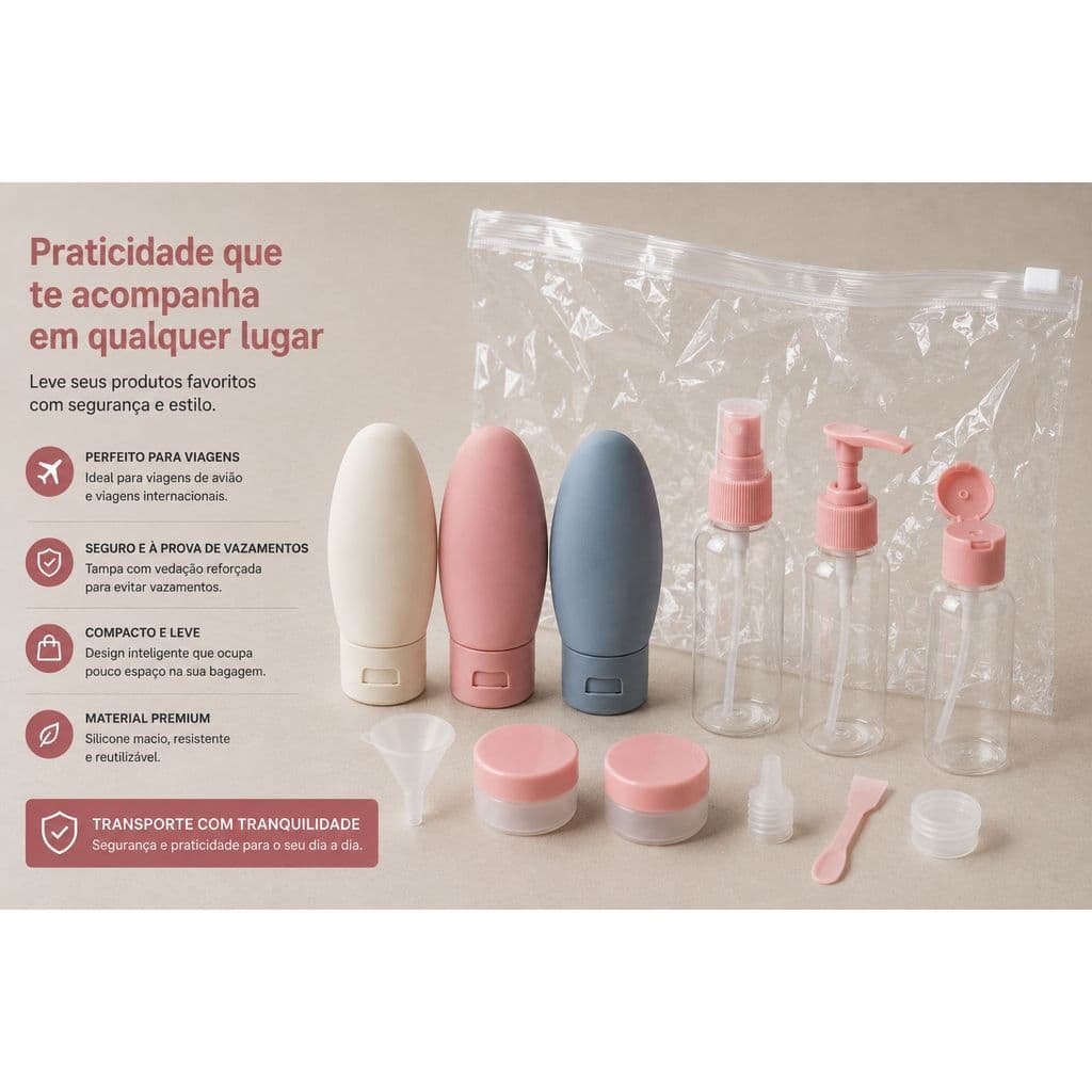 Kit de Higiene Pessoal para Viagem 12 Peças com Necessaire Transparente Frascos Pump Spray e Tubos de Silicone