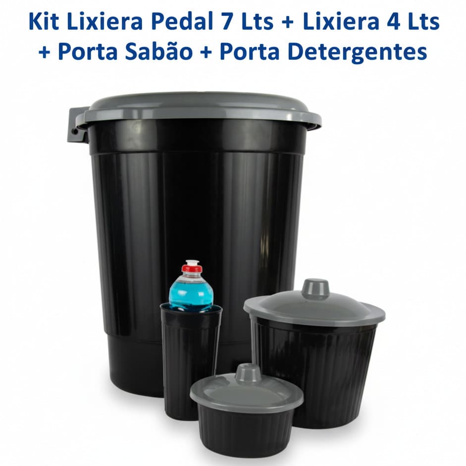 Lixeira Pedal 7 litros + Lixeira Pia 4 Lts + Porta Sabão + Porta Detergente Pia Cozinha Lavanderia