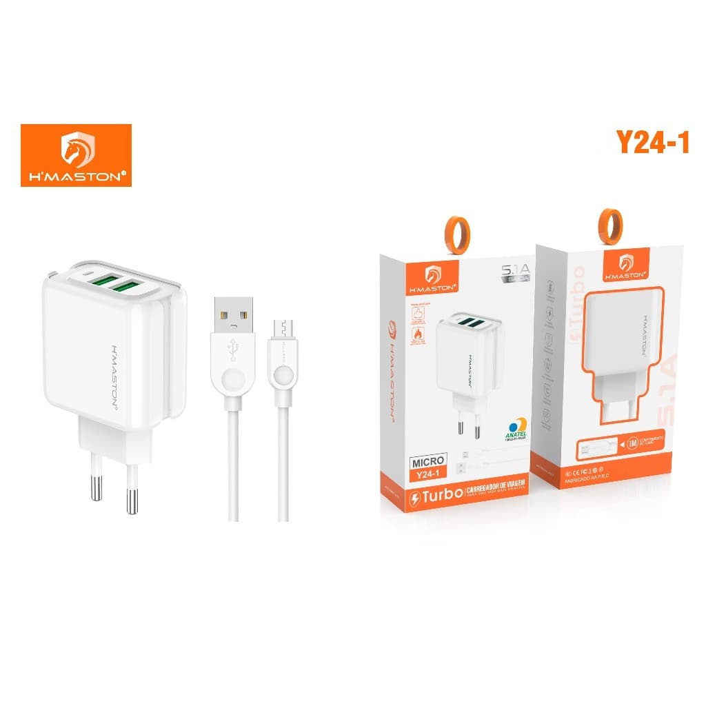 Carregador Turbo 25W Fonte Torre Portátil 2 USB 5.1A com Cabo USB