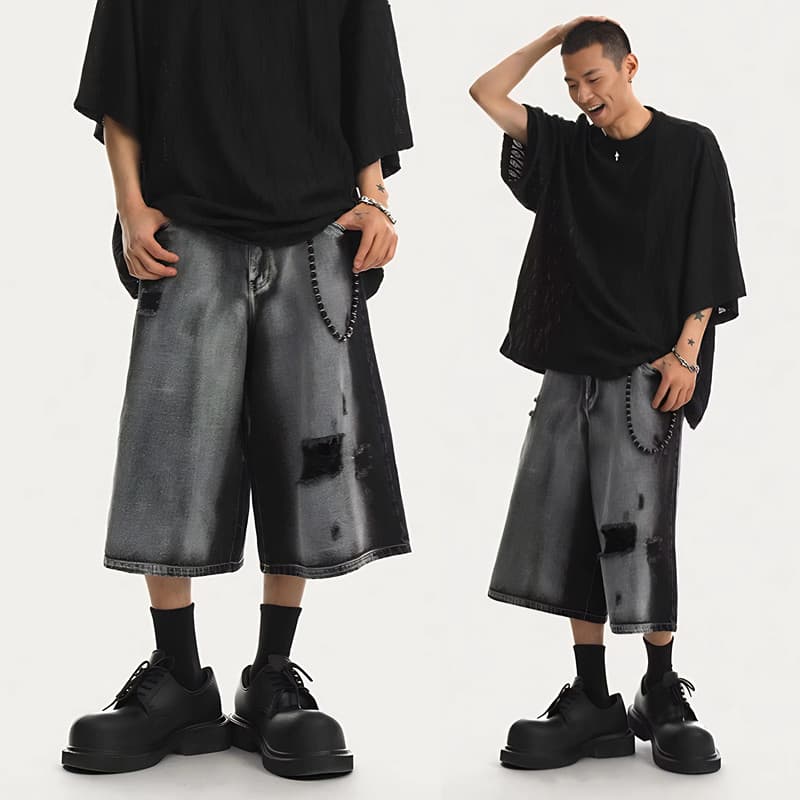 Shorts Jeans Soltos Para Homens , Coreanos Mulheres , Calças Largas Da Moda Retos