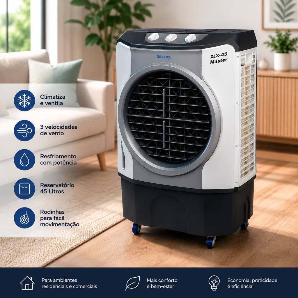 Climatizador De Ar Portátil 220v 45l Alta Vazão 3 Velocidades Com Rodas Econômico Silencioso