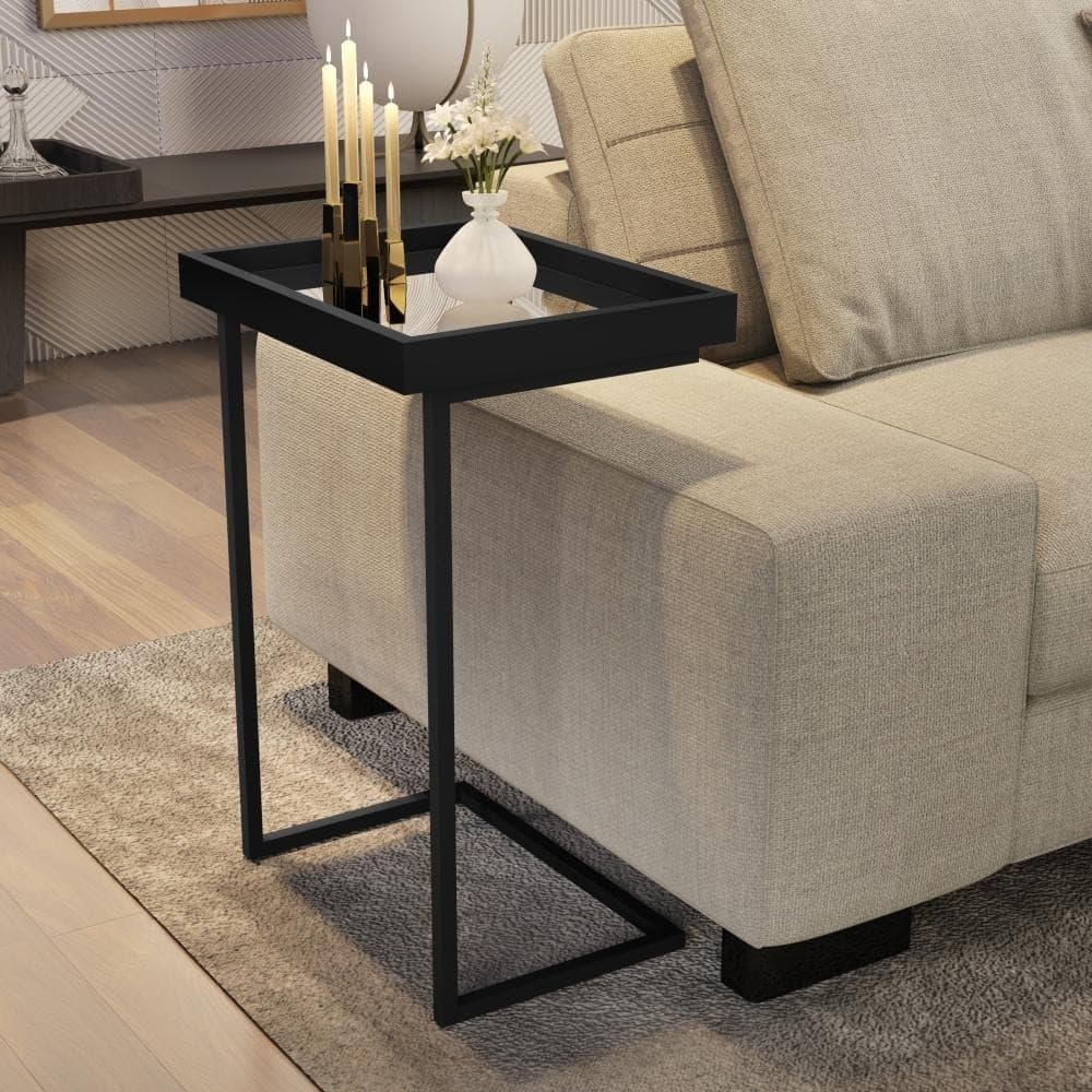 SUPER OFERTA Mesa Lateral Espelhada com Pés de Ferro Apoio Sala Sofá Moderna Decoração Resistente e Elegante Preto