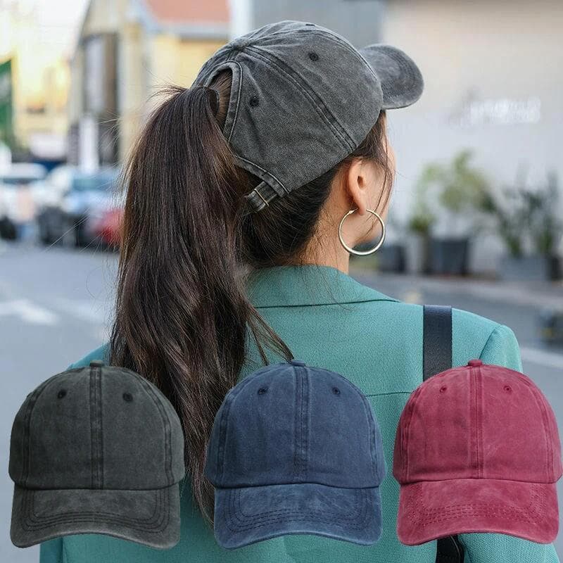 Boné de Beisebol Feminino de Cor Sólida com Abertura para Rabo de Cavalo, Estilo Vintage, em Algodão Lavado, para Esport