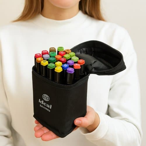 Estojo Canetas Hidrográficas  Coloridas 24 Unidades Kit Desenho Arte Escolar bobi gudoos pintar caderno lapis escola
