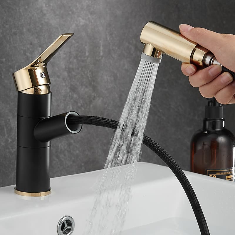 Preto ouro todo-cobre torneira da bacia bancada bacia rotativa quente e fria mão lavatório multifuncional Pull-Out