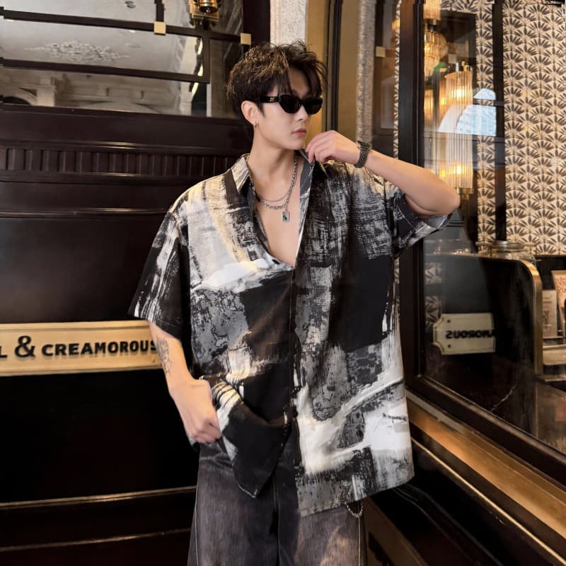 Americano High Street Retro tinta mancha camisa de manga curta masculino estilo dinheiro velho rufião bonito Drape solto
