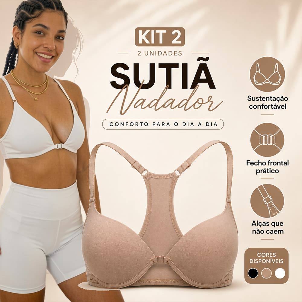 Kit 2 Sutiã Nadador Com Bojo Fecho Frontal Confortável Dia a Dia