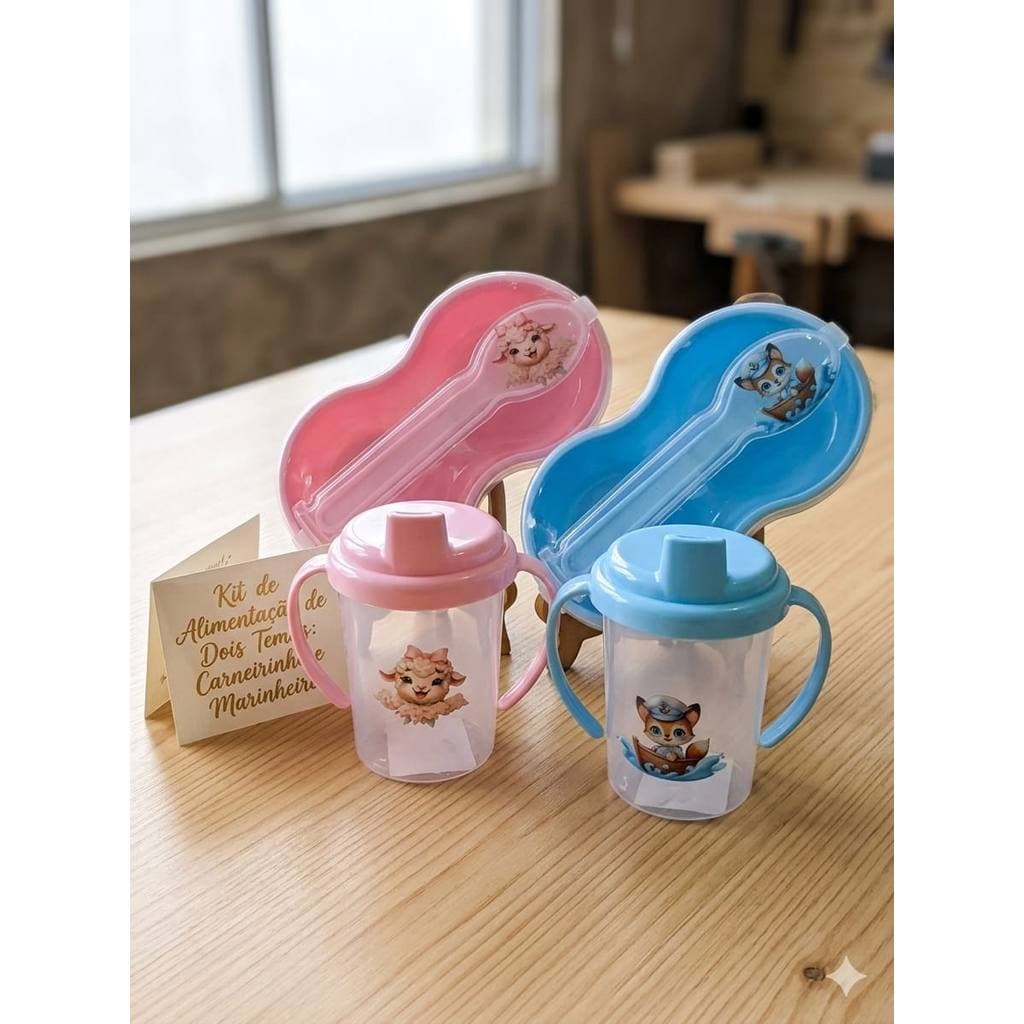 Kit Alimentação Infantil Papinha Bebê com Copinho de Alça Prato com Tampa e Colher de Plástico