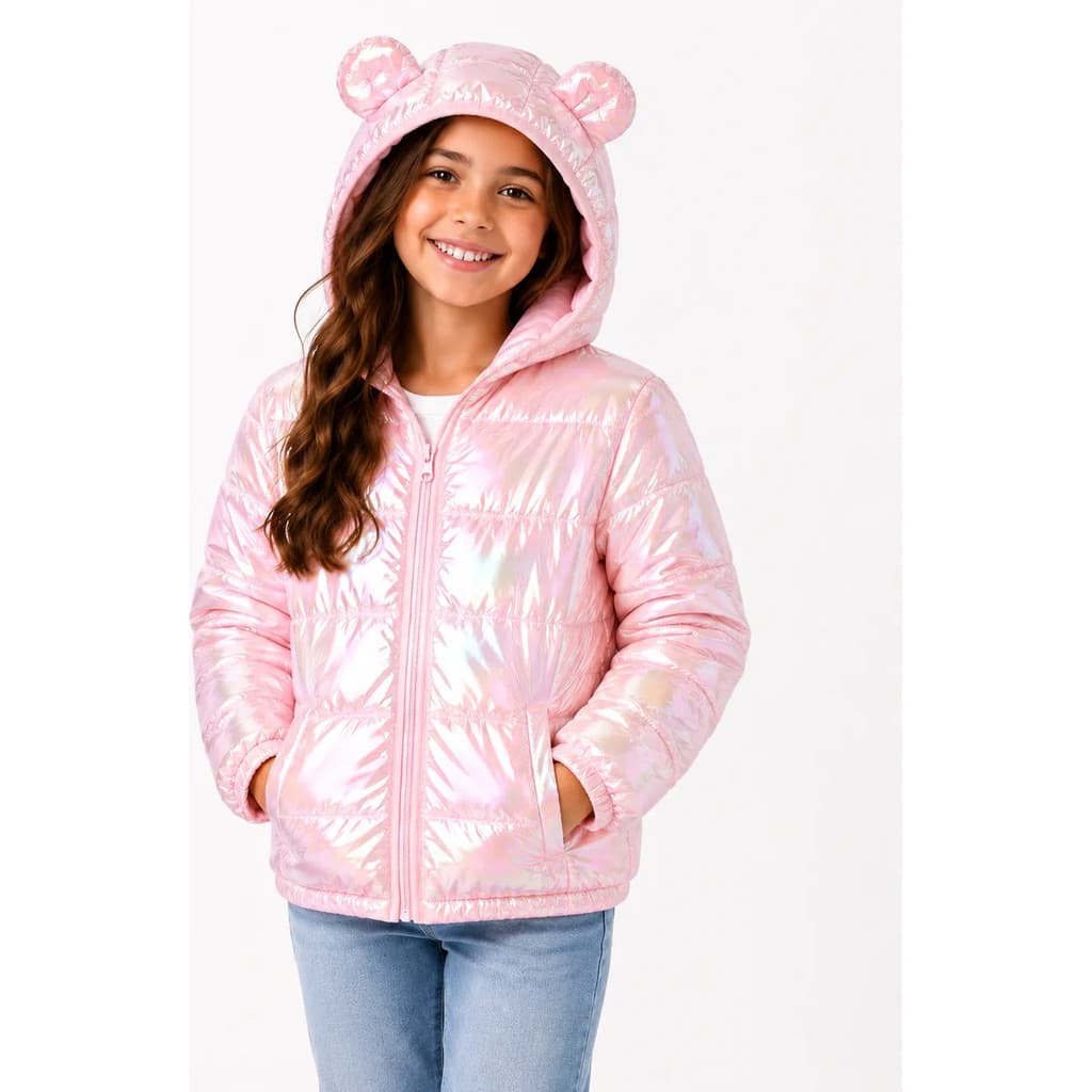 Jaqueta Puffer Metalizada Infantil C/ Capuz E Bolso Menina Rosa Frutacor