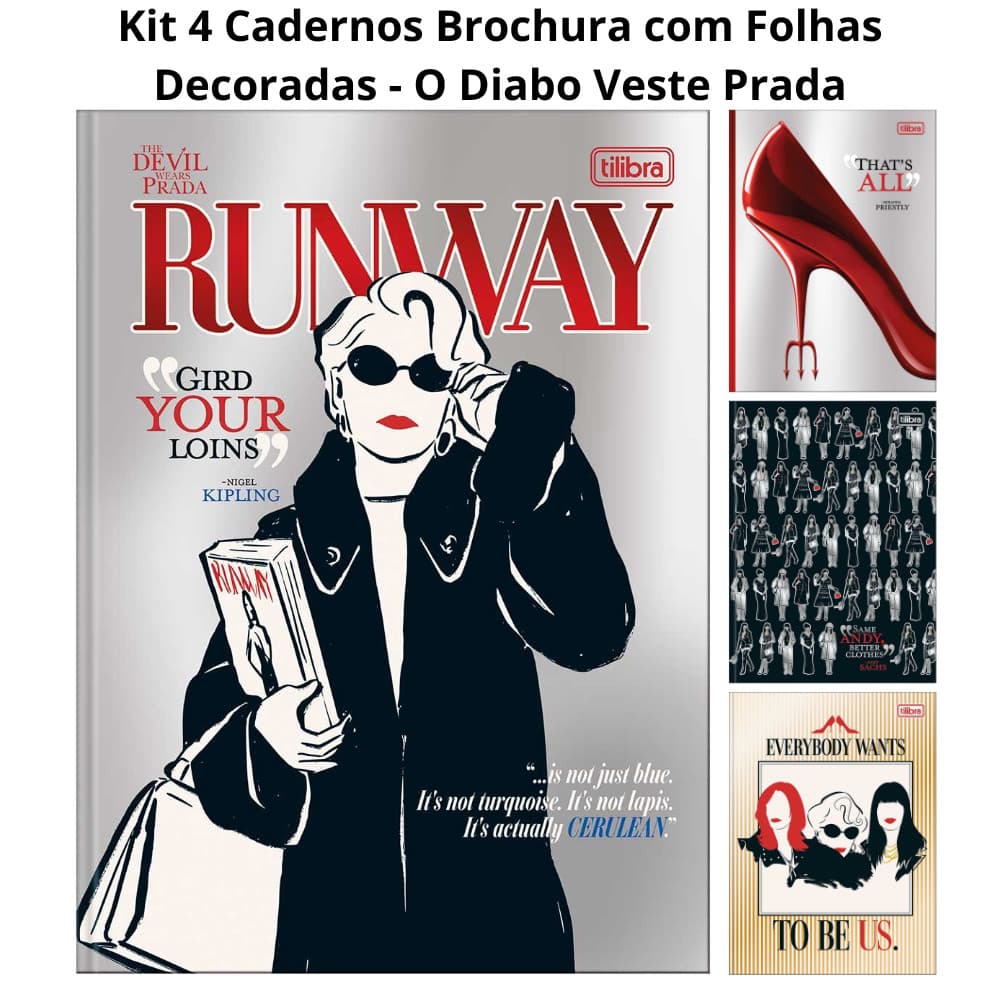 Kit 4 Cadernos O Diabo Veste Prada 80 folhas Brochura Decorado com Capa Dura Tilibra