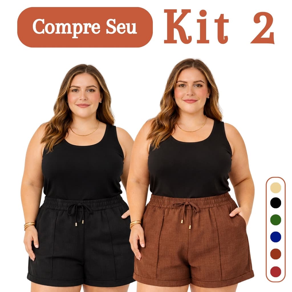 Kit 2 Shorts Feminino PLUS SIZE Linhao Premium Cintura Alta Conforto Elegante Tendência Moda Verão Casual