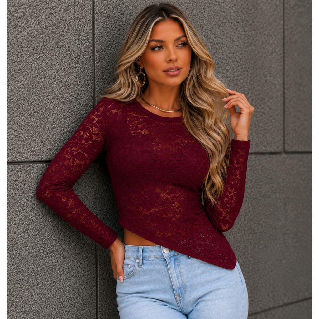 Blusa Renda Assimétrica Feminina Manga Longa Elegante