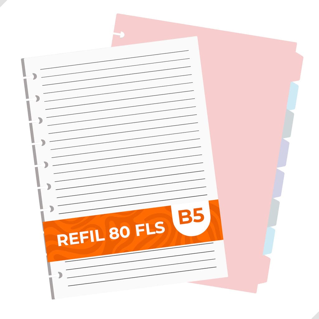 Kit 8 Divisórias B5 Coloridas + Refil 80 Folhas 10 Discos Caderno Inteligente Material Escolar