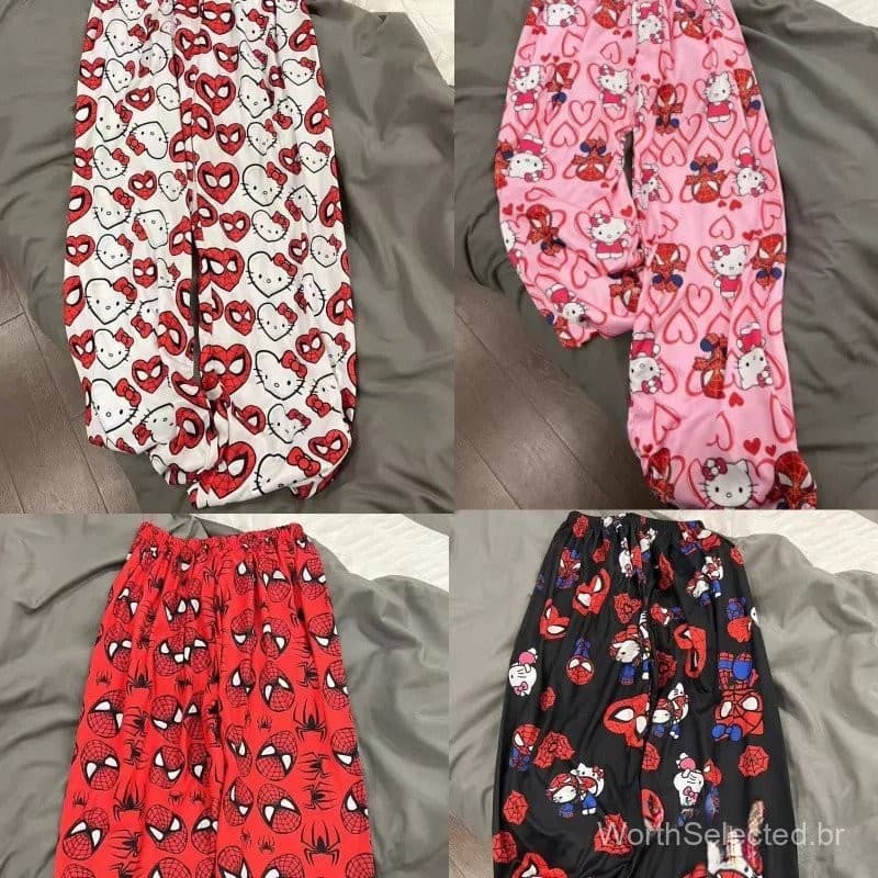 Promoção: Calças de Pijama Soltas de Algodão Super Homem-Aranha e Hello Kitty para Mulheres, Calças de Pijama Casuais pa