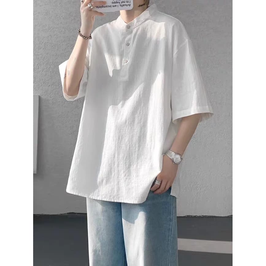 Camisa Henry de linho estilo preguiçoso, camisa masculina com punhos grandes, solta, cinco pontos, manga curta, sensação