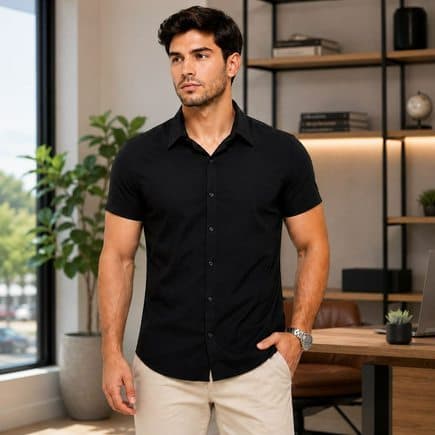 Camisa Masculiana Social Manga Curta de botão Preta Slim