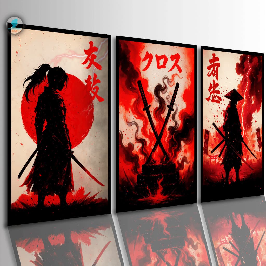 Kit 3 Quadros Decorativos Samurai Japonês Arte Oriental Vermelha Sala Quarto