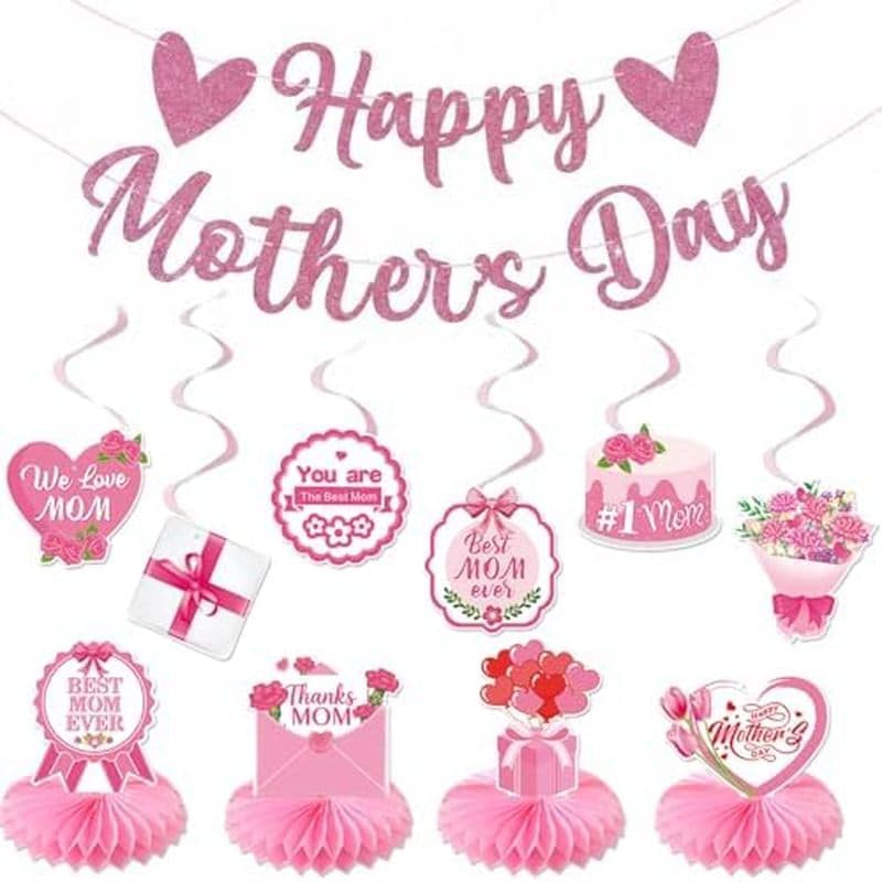 Feliz Dia Das Mães Decorações Banner Rosa Glitter , Redemoinhos Pendurados E Peças Centrais De Mesa Suprimentos Para Fes