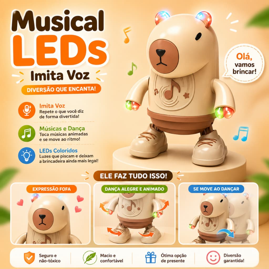 Capivara Sons Luz Movimento Dança Canta Brinquedo Sensorial
