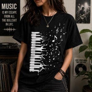 Camiseta Oversized Unissex com Estampa Teclado de Piano e Notas Musicais - Streetwear Musical