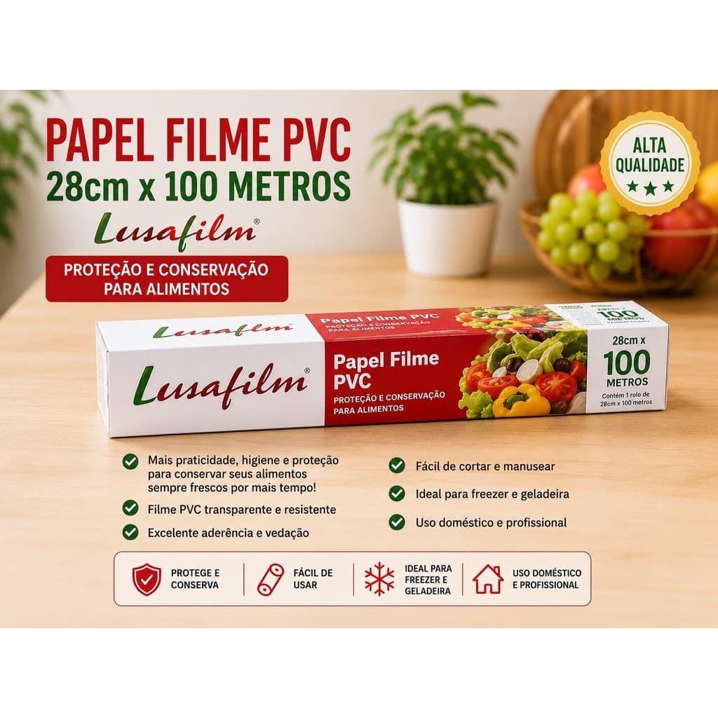 Papel Filme PVC 28cm x 100 Metros Lusafilm Original Proteção e Conservação para Alimentos