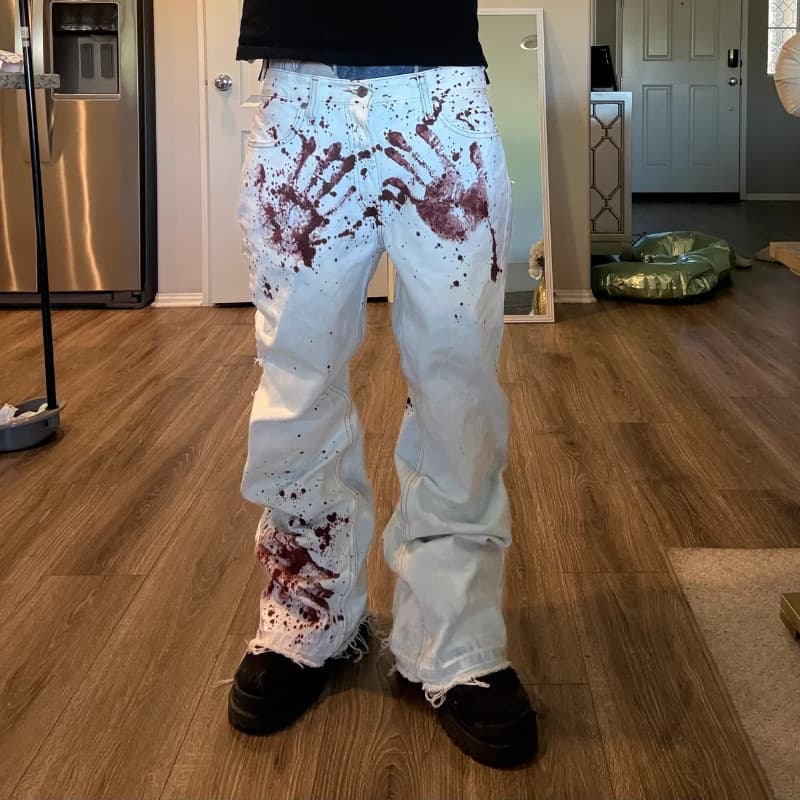 Y2K Harajuku Branco Solto Jeans Retro Horror Sangue Handprint Moda High Street Hip-hop Sino Calças Inferiores