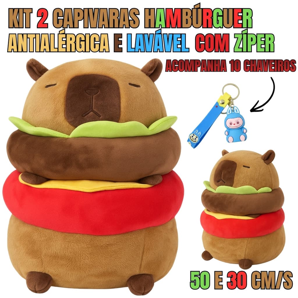 Kit 2 Capivaras Hambúrguer Pelúcia 50cm e 30cm Super Macias