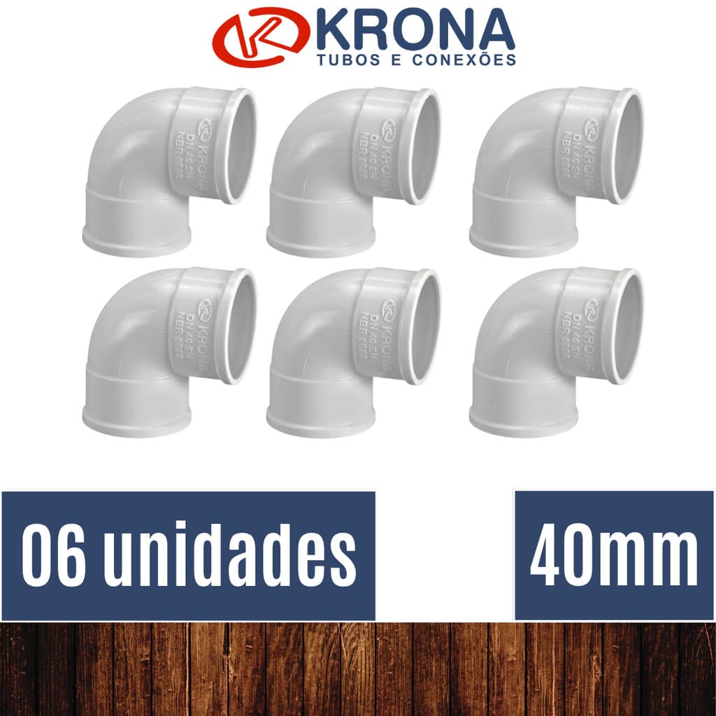 PCT 06 Unds Joelhos 40mm Esgoto e água 90 graus PVC Branco - Krona