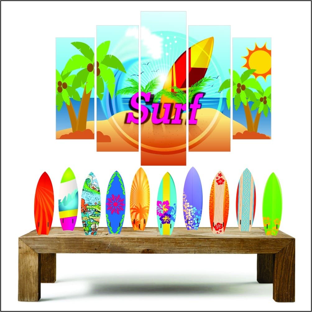 Pranchas Havaianas surf kit com 1 quadro mosaico + 10 totens de mesa em mdf