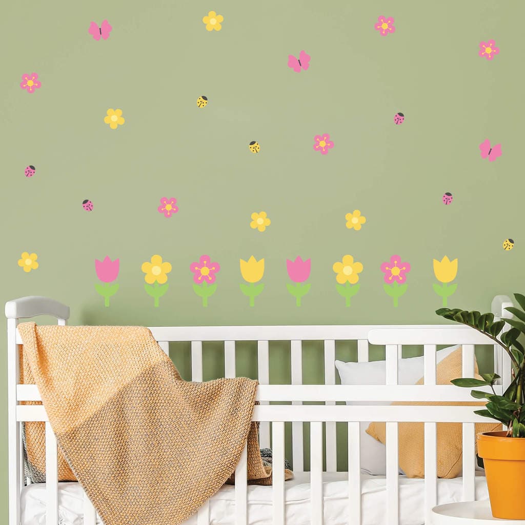 Adesivo de Parede Infantil Flores do Jardim Rosa e Amarelo - 30 adesivos